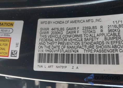 2020 Honda Accord Sport z USA, uszkodzony, nr VIN 1HGCV1F37LA037424